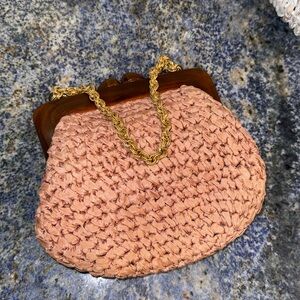 Vintage Morris Moskowitz Woven Tan Crochet Ribbon Clutch Handbag with Gold Chain